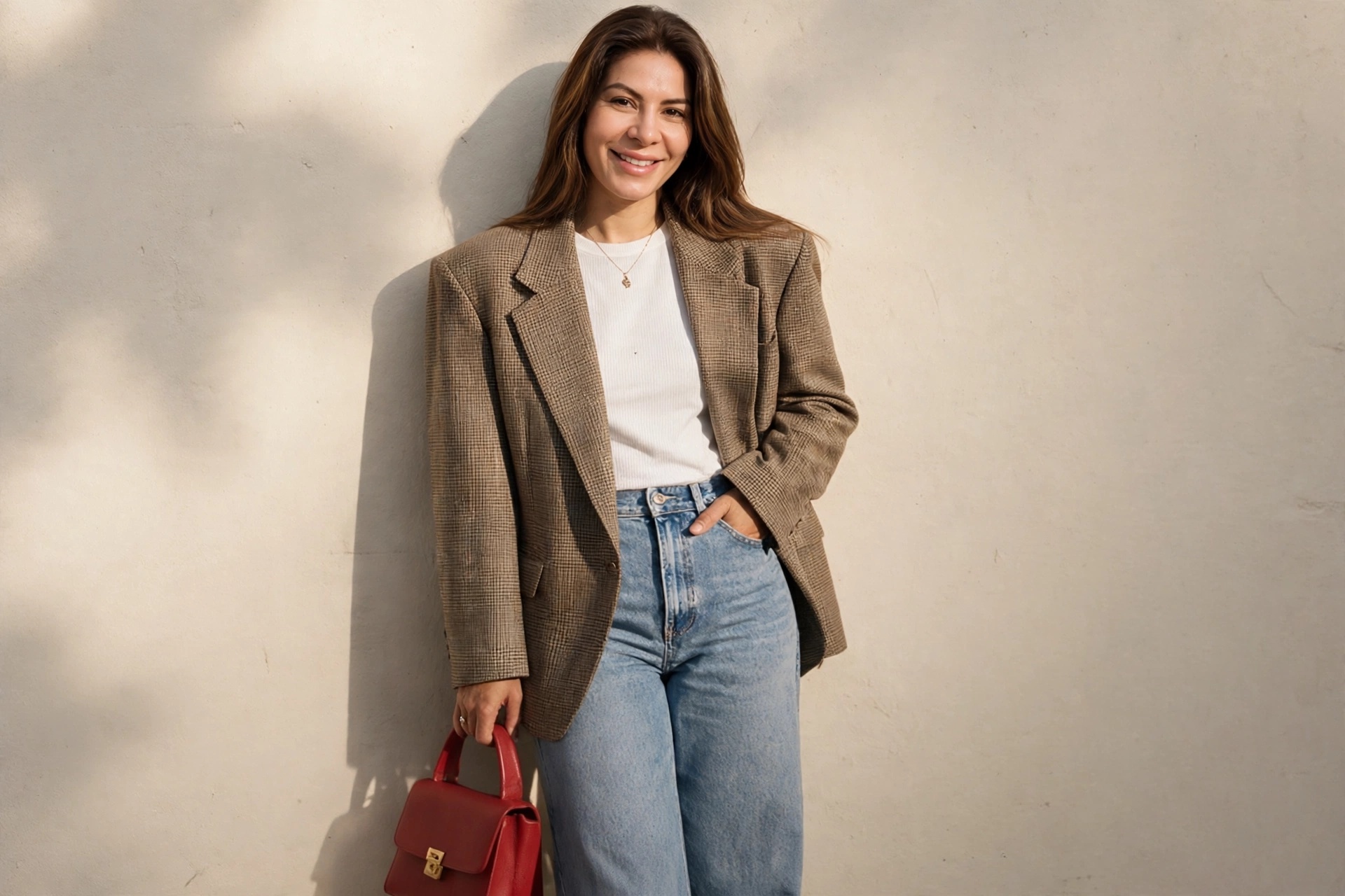 Woman in a houndstooth blazer and jeans holding a red bag